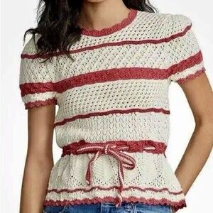 NWT Polo Ralph Lauren Crochet Striped Pointelle Short-Sleeve Sweater, Medium